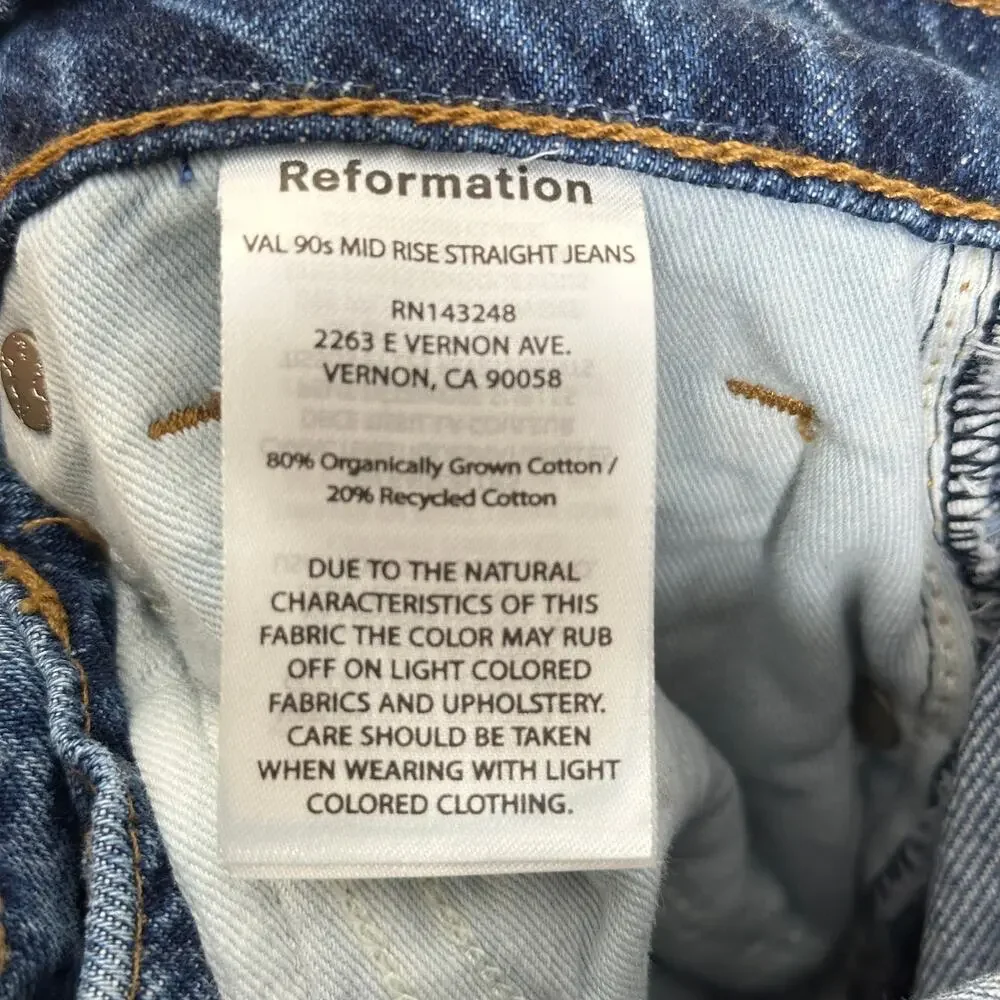 REFORMATION Val 90s Mid Rise Straight Jean Maggiore Vented Let Down Hem Sz 24 R8